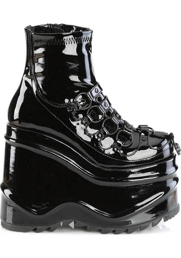 WAVE-110 [Black Patent] | PLATFORM BOOTS [PREORDER] - Beserk - all, all ladies, ankle boots, black, boots, boots [preorder], clickfrenzy15-2023, demonia, demonia shoes, discountapp, fp, goth, gothic, labelpreorder, labelvegan, ladies, patent, platforms, platforms [preorder], ppo, preorder, shoes, vegan