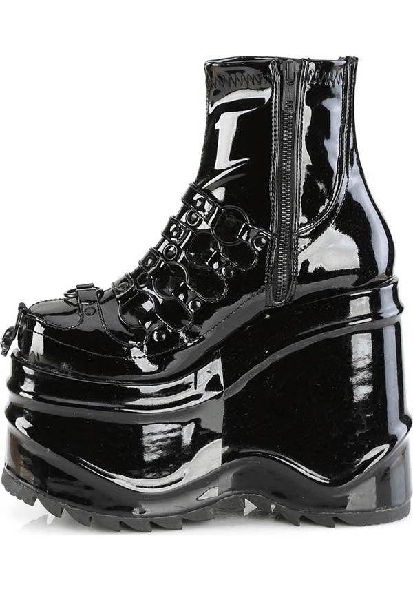 WAVE-110 [Black Patent] | PLATFORM BOOTS [PREORDER] - Beserk - all, all ladies, ankle boots, black, boots, boots [preorder], clickfrenzy15-2023, demonia, demonia shoes, discountapp, fp, goth, gothic, labelpreorder, labelvegan, ladies, patent, platforms, platforms [preorder], ppo, preorder, shoes, vegan