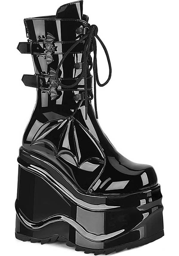 WAVE-150 [Black Patent] | PLATFORM BOOTS [PREORDER] - Beserk - all, bat, bats, batwing, black, boot, boots, boots [preorder], clickfrenzy15-2023, discountapp, fp, goth, gothic, halloween, labelpreorder, labelvegan, platform, platforms, platforms [preorder], pleaserimageupdated, ppo, preorder, pricematched, shiny, shoes, vegan