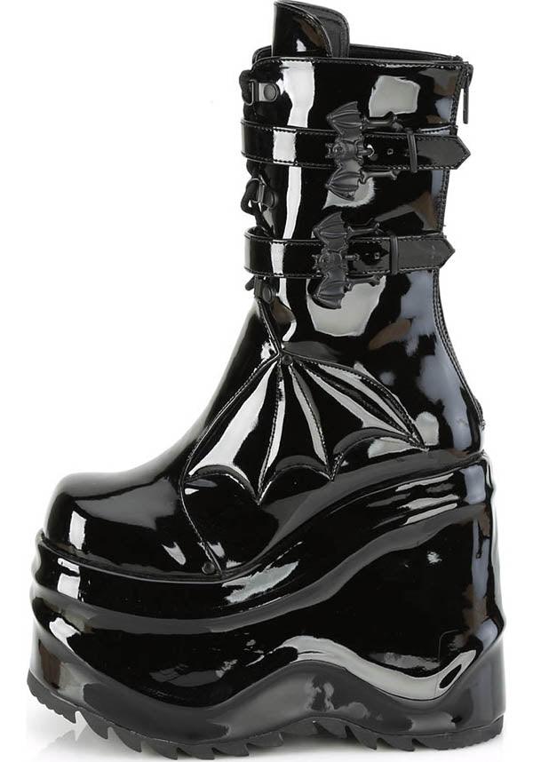 WAVE-150 [Black Patent] | PLATFORM BOOTS [PREORDER] - Beserk - all, bat, bats, batwing, black, boot, boots, boots [preorder], clickfrenzy15-2023, discountapp, fp, goth, gothic, halloween, labelpreorder, labelvegan, platform, platforms, platforms [preorder], pleaserimageupdated, ppo, preorder, pricematched, shiny, shoes, vegan