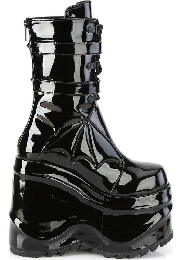 WAVE-150 [Black Patent] | PLATFORM BOOTS [PREORDER] - Beserk - all, bat, bats, batwing, black, boot, boots, boots [preorder], clickfrenzy15-2023, discountapp, fp, goth, gothic, halloween, labelpreorder, labelvegan, platform, platforms, platforms [preorder], pleaserimageupdated, ppo, preorder, pricematched, shiny, shoes, vegan