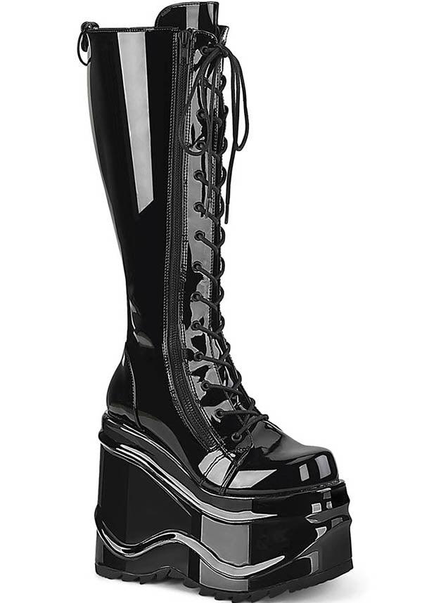 WAVE-200 [Black Patent] | PLATFORM BOOTS [PREORDER] - Beserk - all, black, boots, boots [preorder], clickfrenzy15-2023, demonia, demonia shoes, discountapp, fp, knee high boots, labelpreorder, labelvegan, lace up, long boots, patent, platform, platform boots, platforms, platforms [preorder], ppo, preorder, shiny, shoes, vegan
