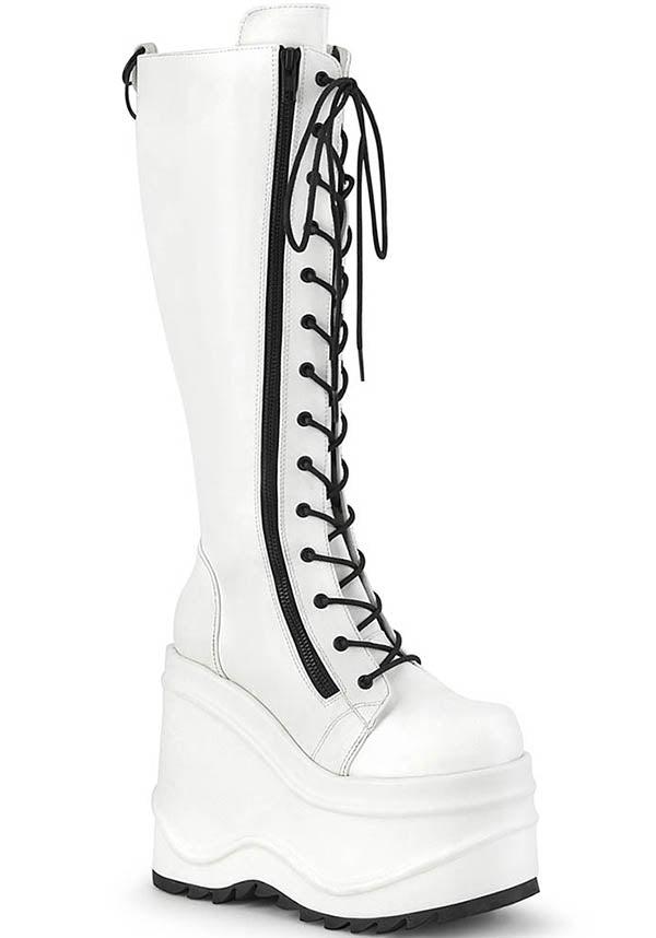 WAVE-200 [White] | PLATFORM BOOTS [PREORDER] - Beserk - all, boots, boots [preorder], clickfrenzy15-2023, demonia, demonia shoes, discountapp, fp, knee high boots, labelpreorder, labelvegan, lace up, mid calf boots, pastel goth, platform, platforms, platforms [preorder], ppo, preorder, shoes, vegan, white