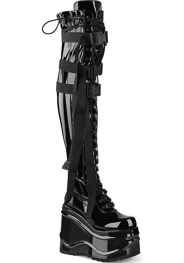 WAVE-315 [Black Patent] | PLATFORM BOOTS [PREORDER] - Beserk - all, black, boot, boots, boots [preorder], clickfrenzy15-2023, demonia, demonia shoes, discountapp, egirleboy, fetish, fp, goth, gothic, halloween, jfashion, labelpreorder, labelvegan, long boots, platform, platforms, platforms [preorder], ppo, preorder, punk, shoes, vegan
