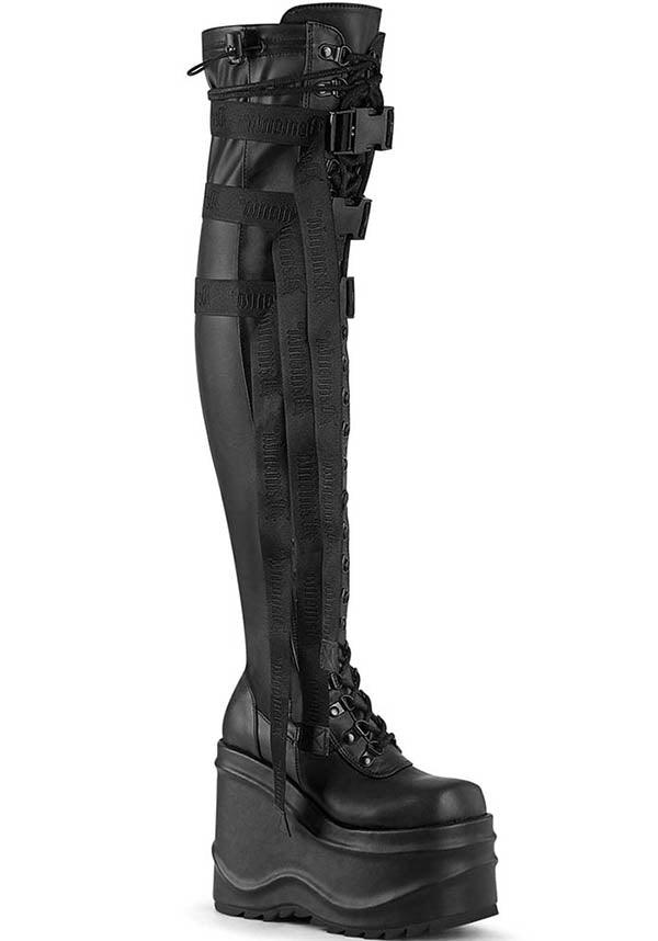 WAVE-315 [Black] | PLATFORM BOOTS [PREORDER] - Beserk - all, all ladies, black, boots, boots [preorder], clickfrenzy15-2023, demonia, demonia shoes, discountapp, fp, goth, gothic, knee high boots, labelpreorder, labelvegan, ladies, long boots, platform boots, platforms, platforms [preorder], ppo, preorder, shoes, thigh high boots, vegan