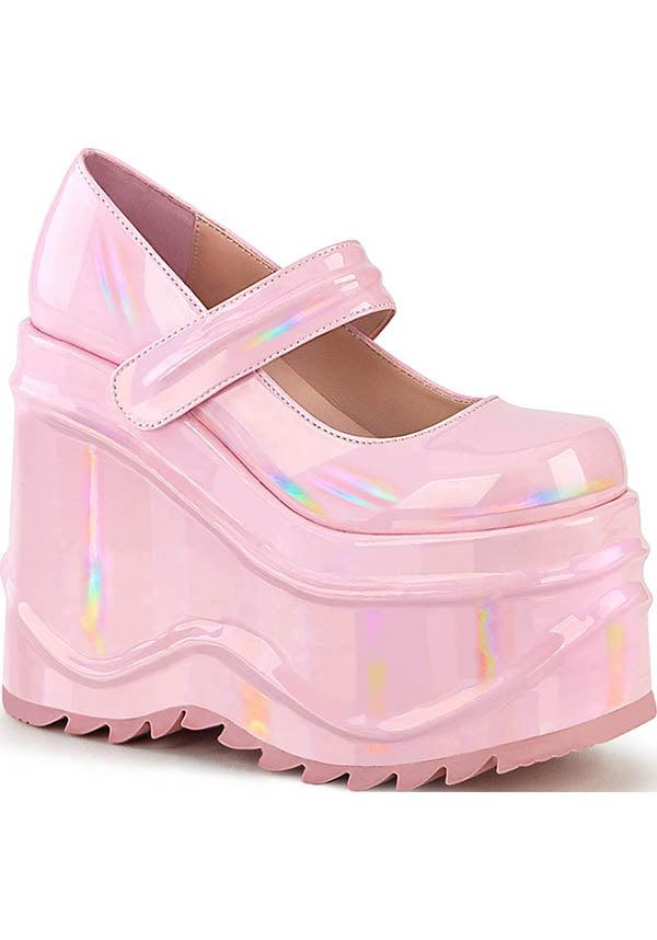 WAVE-32 [Pink Holo] | PLATFORMS [PREORDER] - Beserk - all, baby pink, clickfrenzy15-2023, discountapp, fp, harajuku, holo, hologram, holographic, kawaii, labelpreorder, labelvegan, lolita, mary jane, mary janes, pastel, pastel goth, pastel pink, pink, platform, platforms, platforms [preorder], pleaserimageupdated, ppo, preorder, pricematched, shoes, vegan