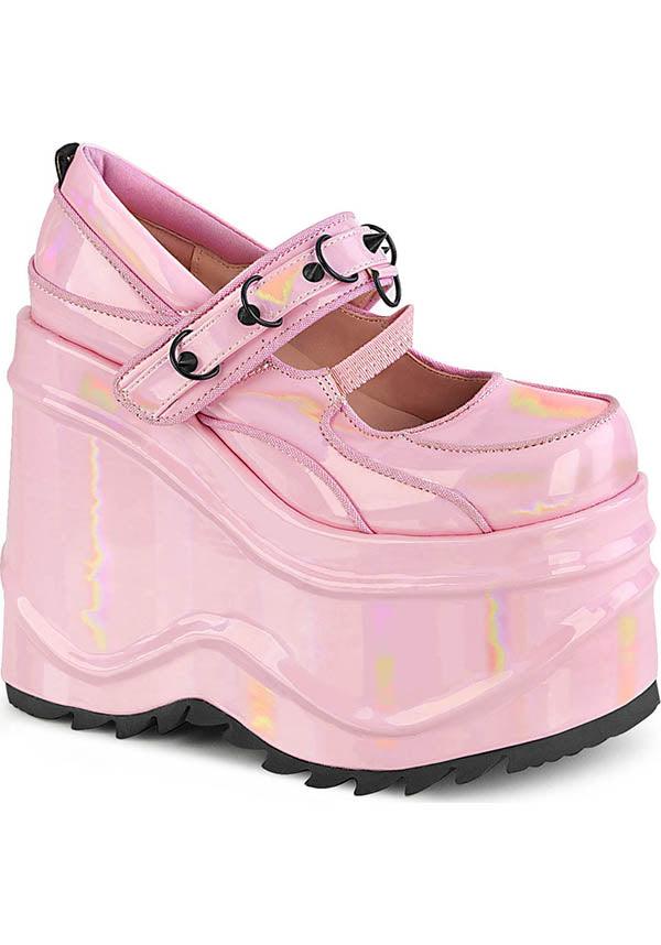 WAVE-48 [Pink Holo] | PLATFORMS [PREORDER] - Beserk - all, baby pink, clickfrenzy15-2023, colour:pink, demonia, demonia shoes, discountapp, fp, harajuku, holo, hologram, holographic, kawaii, labelpreorder, labelvegan, light pink, lolita, mary jane, mary janes, pastel, pastel goth, pastel pink, pink, platform, platforms, platforms [preorder], ppo, preorder, shoes, vegan