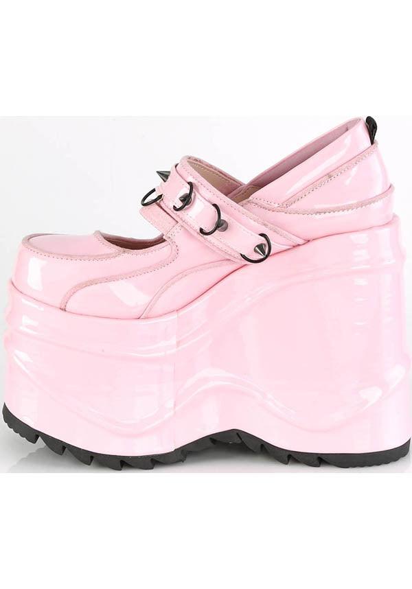 WAVE-48 [Pink Holo] | PLATFORMS [PREORDER] - Beserk - all, baby pink, clickfrenzy15-2023, colour:pink, demonia, demonia shoes, discountapp, fp, harajuku, holo, hologram, holographic, kawaii, labelpreorder, labelvegan, light pink, lolita, mary jane, mary janes, pastel, pastel goth, pastel pink, pink, platform, platforms, platforms [preorder], ppo, preorder, shoes, vegan