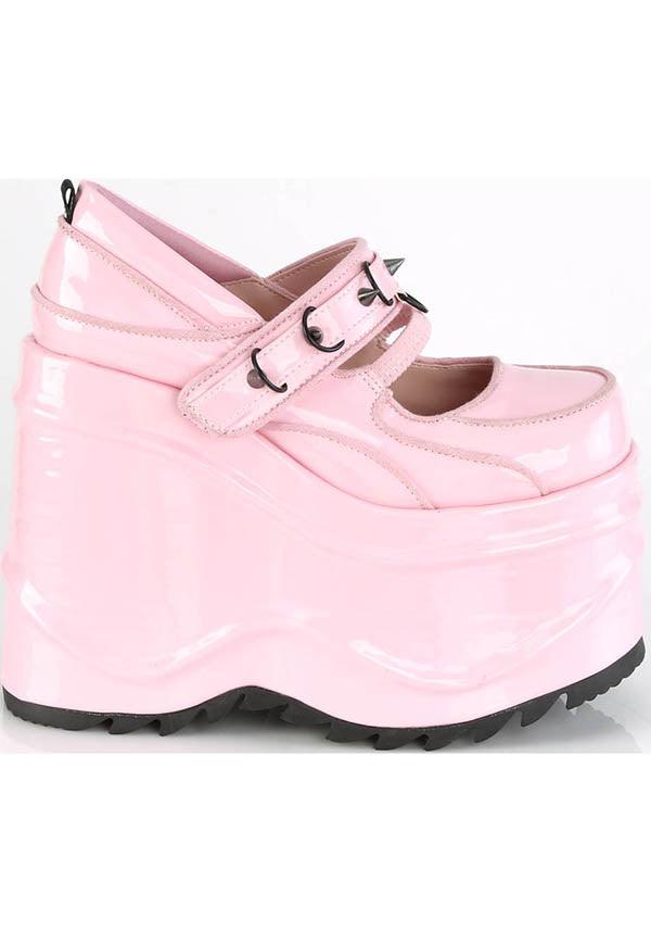 WAVE-48 [Pink Holo] | PLATFORMS [PREORDER] - Beserk - all, baby pink, clickfrenzy15-2023, colour:pink, demonia, demonia shoes, discountapp, fp, harajuku, holo, hologram, holographic, kawaii, labelpreorder, labelvegan, light pink, lolita, mary jane, mary janes, pastel, pastel goth, pastel pink, pink, platform, platforms, platforms [preorder], ppo, preorder, shoes, vegan