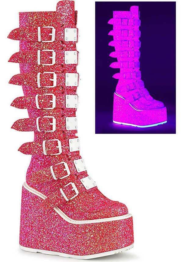 SWING-815UV [Pink Glitter] | PLATFORM BOOTS [PREORDER] - Beserk - all, all ladies, boot, boots, boots [preorder], buckles, clickfrenzy15-2023, demonia, demonia shoes, discountapp, fp, glitter, knee high boots, labelpreorder, labelvegan, ladies, long boots, pink, platform, platform boots, platforms, platforms [preorder], ppo, preorder, shoes, uv, uv reactive, uv_reactive, vegan