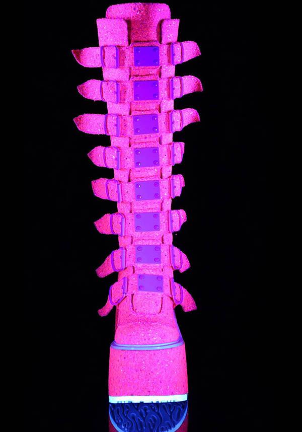 SWING-815UV [Pink Glitter] | PLATFORM BOOTS [PREORDER] - Beserk - all, all ladies, boot, boots, boots [preorder], buckles, clickfrenzy15-2023, demonia, demonia shoes, discountapp, fp, glitter, knee high boots, labelpreorder, labelvegan, ladies, long boots, pink, platform, platform boots, platforms, platforms [preorder], ppo, preorder, shoes, uv, uv reactive, uv_reactive, vegan