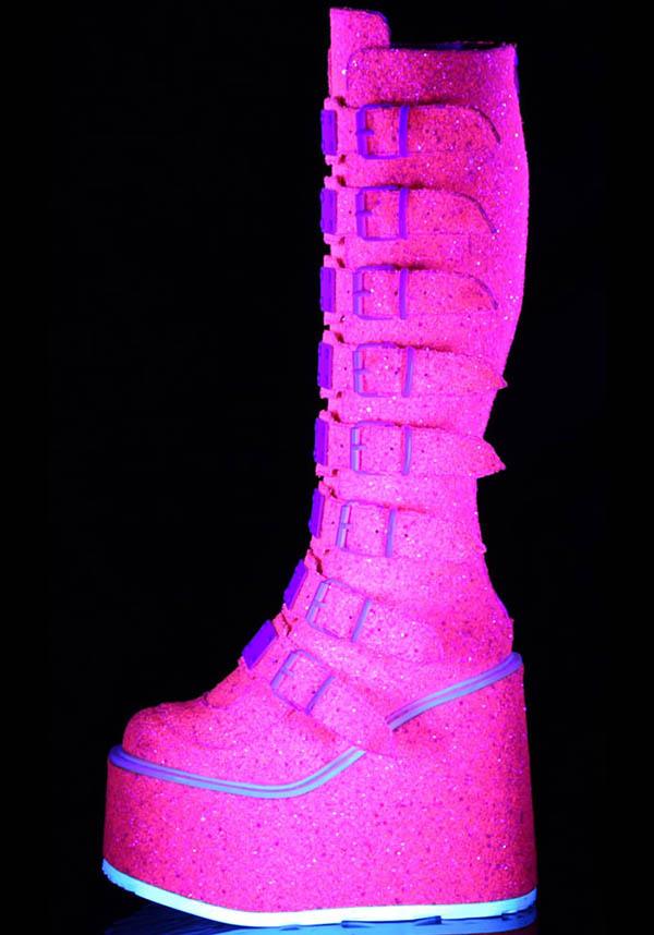SWING-815UV [Pink Glitter] | PLATFORM BOOTS [PREORDER] - Beserk - all, all ladies, boot, boots, boots [preorder], buckles, clickfrenzy15-2023, demonia, demonia shoes, discountapp, fp, glitter, knee high boots, labelpreorder, labelvegan, ladies, long boots, pink, platform, platform boots, platforms, platforms [preorder], ppo, preorder, shoes, uv, uv reactive, uv_reactive, vegan