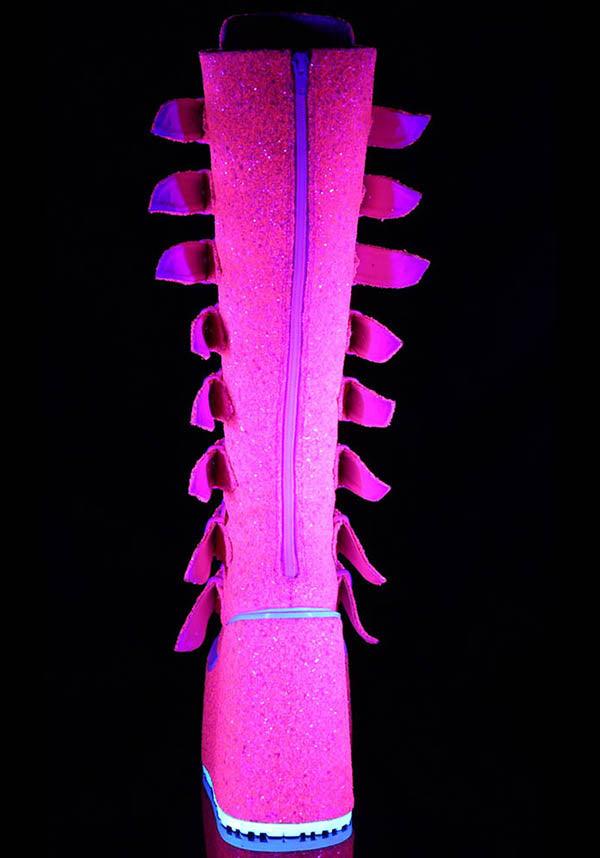SWING-815UV [Pink Glitter] | PLATFORM BOOTS [PREORDER] - Beserk - all, all ladies, boot, boots, boots [preorder], buckles, clickfrenzy15-2023, demonia, demonia shoes, discountapp, fp, glitter, knee high boots, labelpreorder, labelvegan, ladies, long boots, pink, platform, platform boots, platforms, platforms [preorder], ppo, preorder, shoes, uv, uv reactive, uv_reactive, vegan