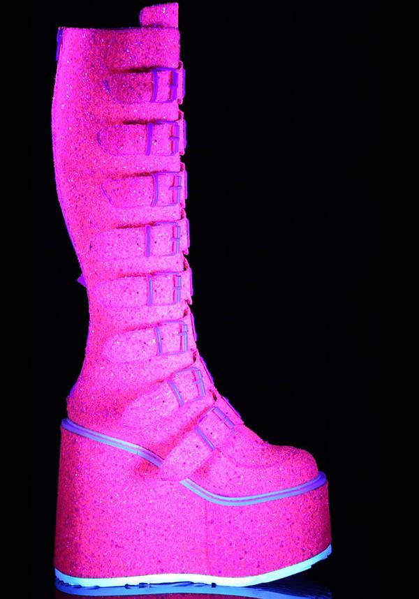 SWING-815UV [Pink Glitter] | PLATFORM BOOTS [PREORDER] - Beserk - all, all ladies, boot, boots, boots [preorder], buckles, clickfrenzy15-2023, demonia, demonia shoes, discountapp, fp, glitter, knee high boots, labelpreorder, labelvegan, ladies, long boots, pink, platform, platform boots, platforms, platforms [preorder], ppo, preorder, shoes, uv, uv reactive, uv_reactive, vegan