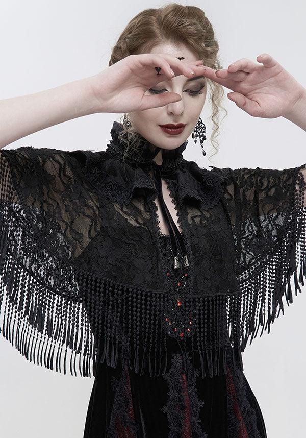 Circe | LACE CAPLET - Beserk - all, all clothing, all ladies clothing, bead, black, cape, capelet, clickfrenzy15-2023, clothing, dec22, devil fashion, discountapp, DV291122, edgy, formal, formal wear, fp, fringe, fringing, googleshopping, goth, gothic, gothic accessories, lace, ladies clothing, ladies outerwear, outerwear, r221222, scarf, shawl, shrug, tassel