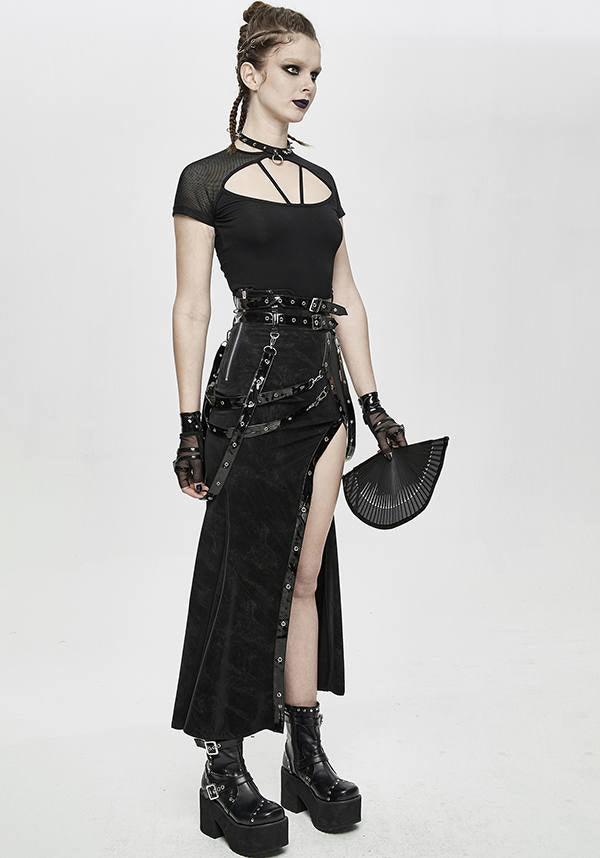 Punk Strapped | LONG SKIRT - Beserk - all, all clothing, all ladies, all ladies clothing, black, bondage, clickfrenzy15-2023, clothing, cyber, cyberpunk, devil fashion, discountapp, edgy, fp, goth, gothic, harness, ladies, ladies clothing, ladies skirt, long skirt, medieval, oct20, punk, R151020, skirt, split, strap, strappy, women, womens skirt