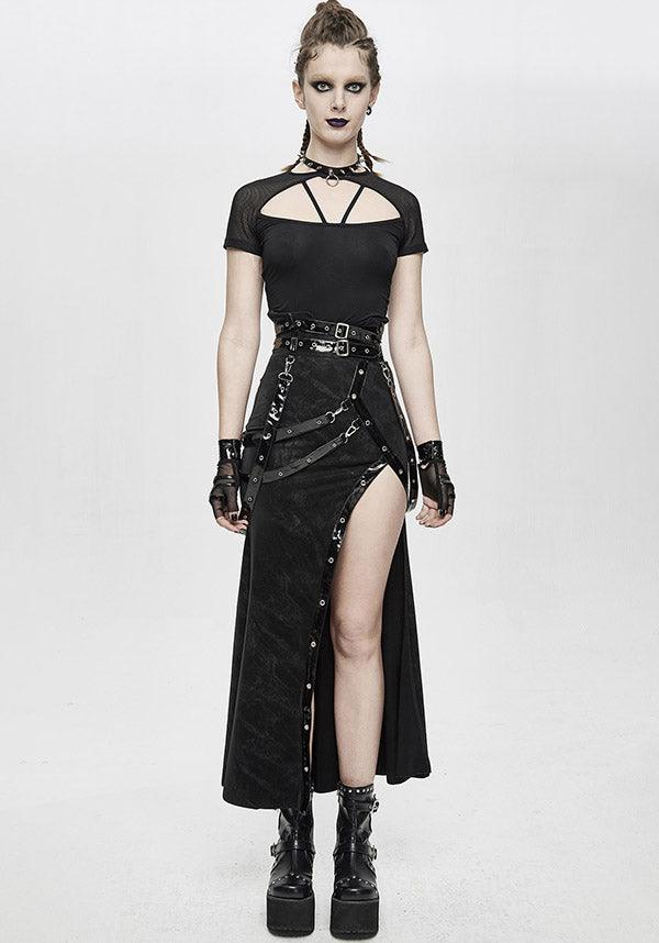 Punk Strapped | LONG SKIRT - Beserk - all, all clothing, all ladies, all ladies clothing, black, bondage, clickfrenzy15-2023, clothing, cyber, cyberpunk, devil fashion, discountapp, edgy, fp, goth, gothic, harness, ladies, ladies clothing, ladies skirt, long skirt, medieval, oct20, punk, R151020, skirt, split, strap, strappy, women, womens skirt