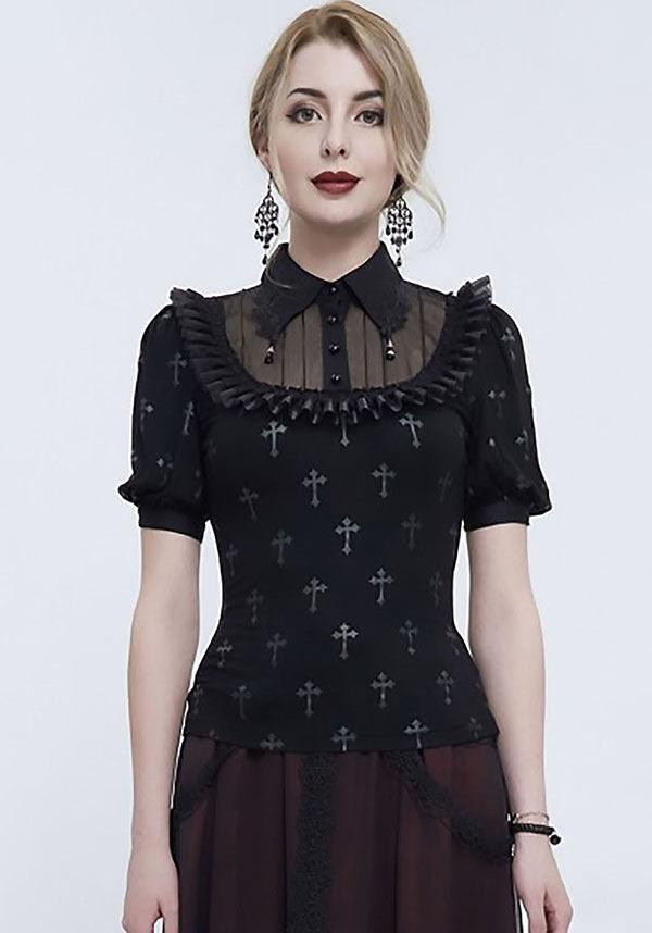 Rosena | TOP - Beserk - all, all clothing, all ladies clothing, black, clickfrenzy15-2023, clothing, collared, cross, devil fashion, discountapp, DV300922, fp, googleshopping, goth, gothic, lacey, ladies clothing, ladies top, ladies tops, nov22, office, office clothing, plus size, R061122, renaissance, ruffle, sheer, short sleeved top, tees and tops, top, tops, tshirts and tops, victorian, womens top