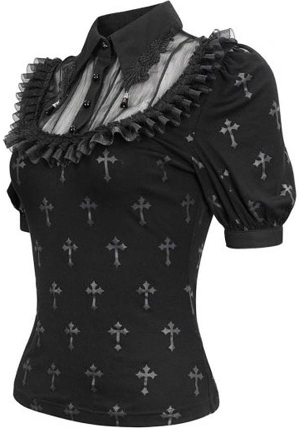 Rosena | TOP - Beserk - all, all clothing, all ladies clothing, black, clickfrenzy15-2023, clothing, collared, cross, devil fashion, discountapp, DV300922, fp, googleshopping, goth, gothic, lacey, ladies clothing, ladies top, ladies tops, nov22, office, office clothing, plus size, R061122, renaissance, ruffle, sheer, short sleeved top, tees and tops, top, tops, tshirts and tops, victorian, womens top