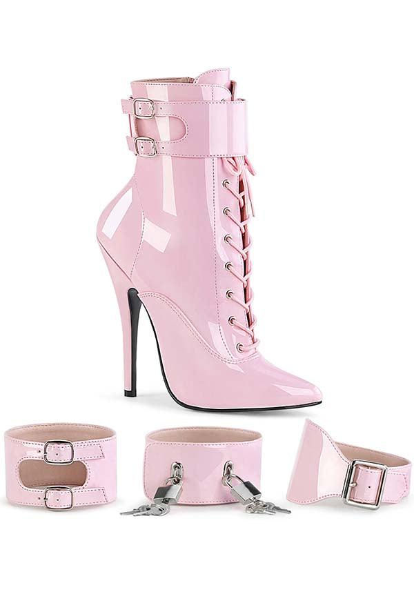 DOMINA-1023 [Baby Pink Patent] | ANKLE BOOTS [PREORDER] - Beserk - all, boots, boots [preorder], clickfrenzy15-2023, dec19, devious, devious shoes, discountapp, fetish, fp, heels, heels [preorder], labelpreorder, pink, ppo, preorder, shoes