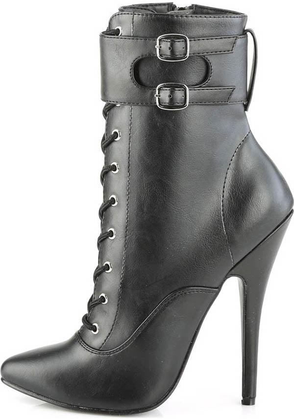 DOMINA-1023 [Black] | ANKLE BOOTS [PREORDER] - Beserk - all, ankle boots, black, boots, boots [preorder], buckle, clickfrenzy15-2023, devious, devious shoes, discountapp, fetish, fp, heels, heels [preorder], kink, labelpreorder, labelvegan, lace up, ladies, pointed, pointed toe, pointy, ppo, preorder, shoes, vegan