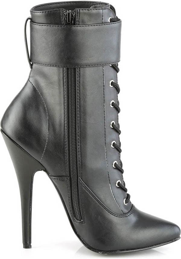DOMINA-1023 [Black] | ANKLE BOOTS [PREORDER] - Beserk - all, ankle boots, black, boots, boots [preorder], buckle, clickfrenzy15-2023, devious, devious shoes, discountapp, fetish, fp, heels, heels [preorder], kink, labelpreorder, labelvegan, lace up, ladies, pointed, pointed toe, pointy, ppo, preorder, shoes, vegan