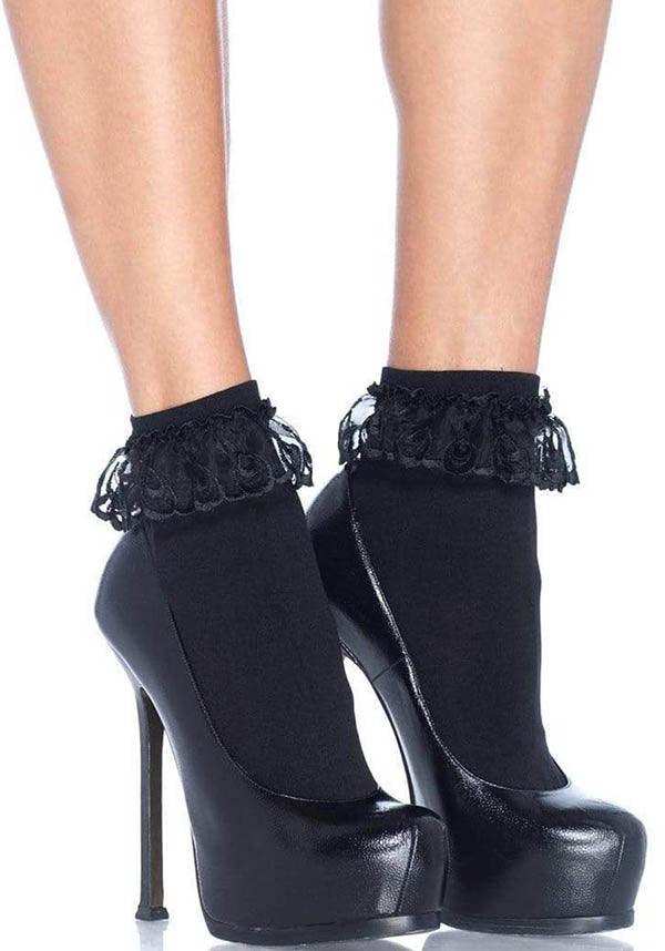 Diem Lace Ruffle [Black] | ANKLET SOCKS - Beserk - all, all clothing, all ladies clothing, ankle socks, black, clickfrenzy15-2023, cosplay, cpgstinc, discountapp, edgy, fp, goth, gothic, hosiery, hosiery and socks, kawaii, ladies, ladies clothing, leg avenue, lolita, monochrome, repriced08022023, socks, tomfoolery, winter, winter clothing