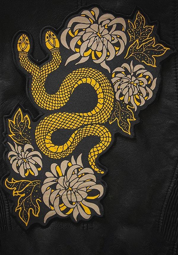 Snake &amp; Chrysanthemum | BACK PATCH - Beserk - accessories, all, all ladies, clickfrenzy15-2023, discountapp, EC7328, flower, flowers, fp, gift, gift idea, gift ideas, gifts, gold, googleshopping, goth, gothic, gothic accessories, gothic gifts, iron, jan23, ladies accessories, leaf, mens accessories, mens gift, mens gifts, patch, R220123, snake, witchy, yellow