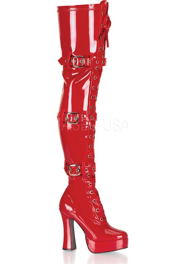 ELECTRA-3028 [Patent Red] | BOOTS [PREORDER] - Beserk - all, boots, boots [preorder], clickfrenzy15-2023, discountapp, fp, heels, heels [preorder], labelpreorder, labelvegan, platform boots, platform heels, platforms, platforms [preorder], pleaser, ppo, preorder, red, shoes, thigh high, thigh high boots, vegan