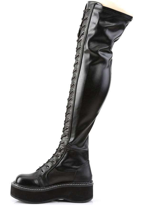 EMILY-375 [Black] | BOOTS [PREORDER] - Beserk - all, black, boots, boots [preorder], clickfrenzy15-2023, demonia, demonia shoes, discountapp, fp, goth, gothic, knee high, labelpreorder, labelvegan, lace up, pleaserimageupdated, ppo, preorder, pricematched, punk, shoes, thigh high, vegan