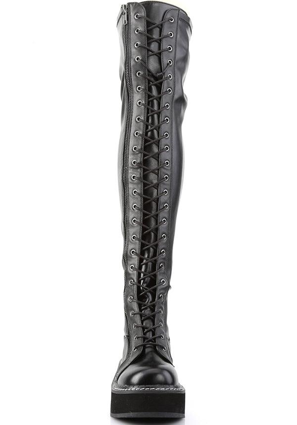 EMILY-375 [Black] | BOOTS [PREORDER] - Beserk - all, black, boots, boots [preorder], clickfrenzy15-2023, demonia, demonia shoes, discountapp, fp, goth, gothic, knee high, labelpreorder, labelvegan, lace up, pleaserimageupdated, ppo, preorder, pricematched, punk, shoes, thigh high, vegan