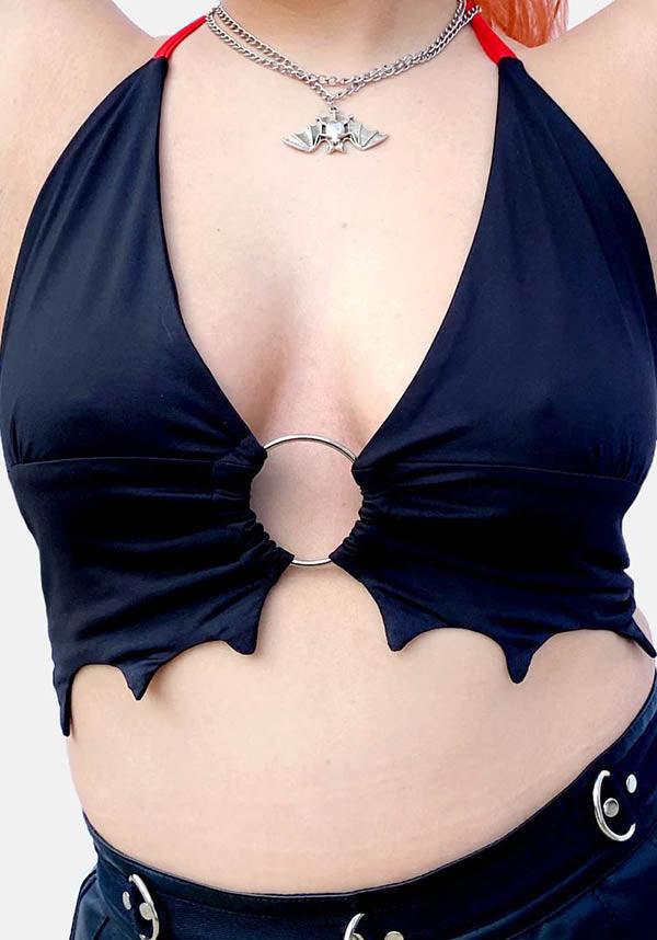 Draculas Daughter | O-RING HALTER TOP - Beserk - all clothing, all ladies clothing, bat wing, bat wings, batwing, batwings, black, clickfrenzy15-2023, clothing, crop, crop top, cropped, cropped top, croptop, discountapp, edgy, exclusive, fp, goth, gothic, halter, halter neck, labelexclusive, ladies clothing, ladies crop, ladies crop top, ladies top, o ring, plus size, tees and tops, top, tops, tshirts and tops, womens crop, womens crop tops, womens top