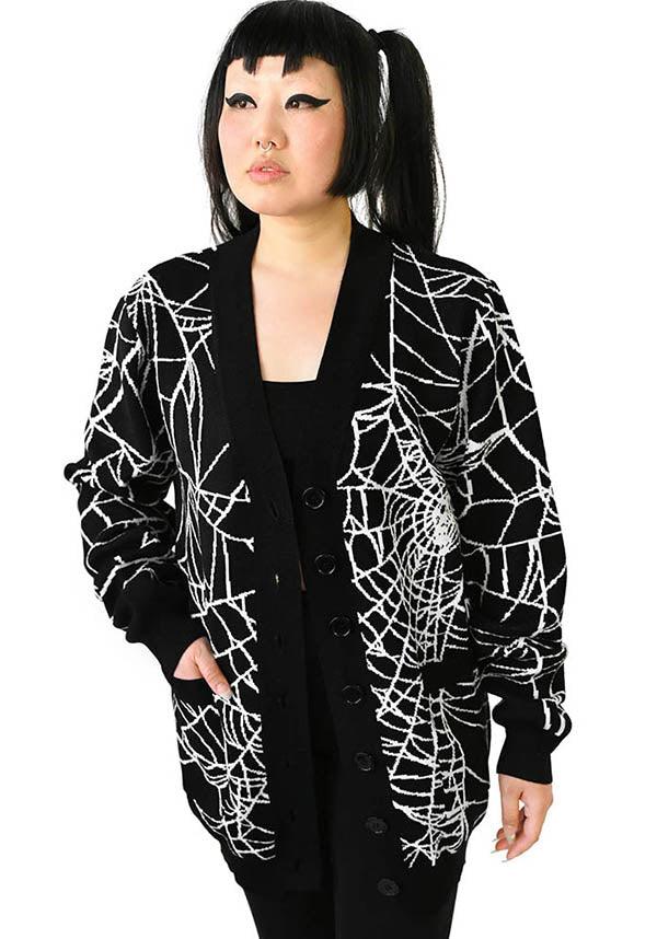 Cobwebs | CARDIGAN SWEATER - Beserk - all, all clothing, all ladies clothing, black, cardigan, clickfrenzy15-2023, clothing, discountapp, exclusive, FB107025, fp, goth, gothic, jackets and jumpers, jumper, jumpers and jackets, jun22, labelexclusive, ladies clothing, ladies outerwear, outerwear, plus size, R050622, spider web, spiderweb, spiderwebs, web, webs