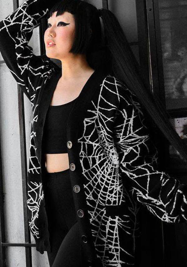 Cobwebs | CARDIGAN SWEATER - Beserk - all, all clothing, all ladies clothing, black, cardigan, clickfrenzy15-2023, clothing, discountapp, exclusive, FB107025, fp, goth, gothic, jackets and jumpers, jumper, jumpers and jackets, jun22, labelexclusive, ladies clothing, ladies outerwear, outerwear, plus size, R050622, spider web, spiderweb, spiderwebs, web, webs