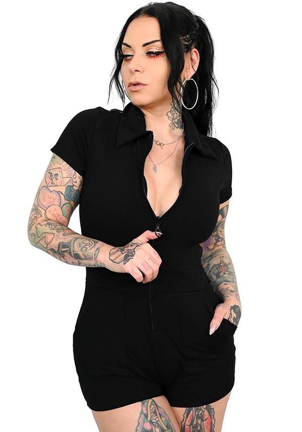 Jamie Lee Zip Up | ROMPER - Beserk - all, all clothing, all ladies clothing, black, clickfrenzy15-2023, clothing, discountapp, edgy, exclusive, FB131935, foxblood, fp, googleshopping, goth, goth summer, goth summer clothing, gothic, labelexclusive, ladies clothing, ladies pants, ladies pants + shorts, ladies pants and shorts, long pants, nov22, one piece, pants, playsuit, plus size, pocket, pockets, R231122, romper, shorts, summer, summer clothing, summer goth, womens pants, zip