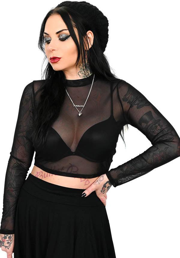 Mesh | LONG SLEEVE CROP TOP - Beserk - all, all clothing, all ladies, all ladies clothing, black, clickfrenzy15-2023, clothing, crop top, croptop, dec21, discountapp, edgy, exclusive, FB87010, fox blood, foxblood, fp, goth, gothic, labelexclusive, ladies, ladies clothing, ladies crop top, ladies tops, mesh, plus, plus size, R301221, see through, sheer, tees and tops, top, tops, tshirts and tops, winter, winter clothing