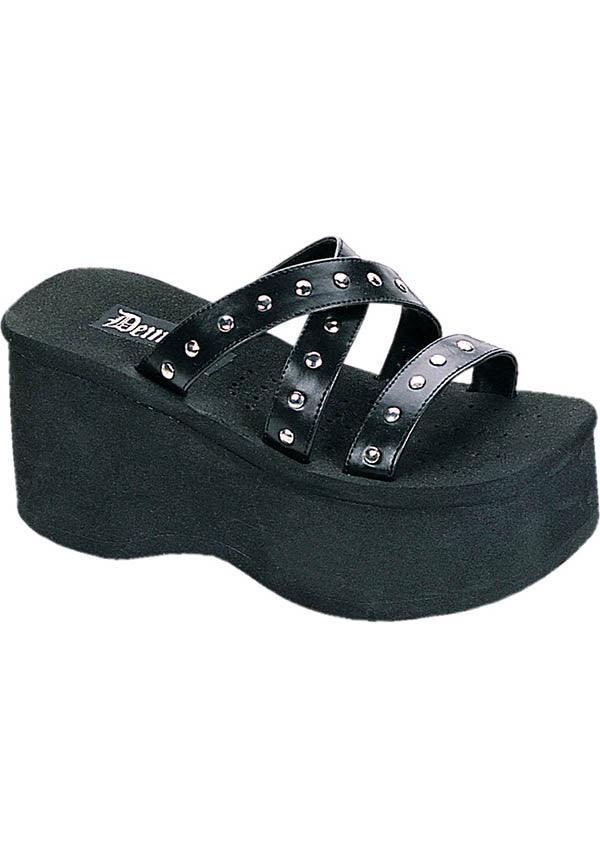 FUNN-19 [Black] | PLATFORM SANDALS [PREORDER] - Beserk - all, black, clickfrenzy15-2023, demonia, demonia shoes, discountapp, fp, goth, gothic, labelpreorder, labelvegan, platforms, platforms [preorder], pleaserimageupdated, pool slides and slip ons, ppo, preorder, pricematched, sandals, shoes, strappy, stud, studded, studs, vegan