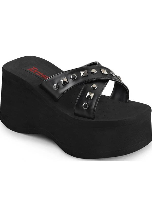 FUNN-29 [Black] | PLATFORM SANDALS [PREORDER] - Beserk - all, all ladies, black, clickfrenzy15-2023, demonia, demonia shoes, discountapp, fp, goth, gothic, labelpreorder, labelvegan, ladies, platforms, platforms [preorder], pleaserimageupdated, pool slides and slip ons, ppo, preorder, sandals, shoes, vegan