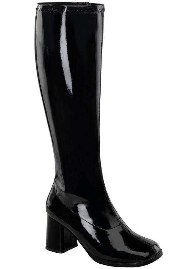 GOGO-300WC [Black Pat] | WIDE CALF BOOTS [PREORDER] - Beserk - all, black, boots, boots [preorder], clickfrenzy15-2023, discountapp, fp, heeled boots, heels, heels [preorder], knee high boots, labelpreorder, labelvegan, long boots, plus size, ppo, preorder, shoes, vegan, wide calf