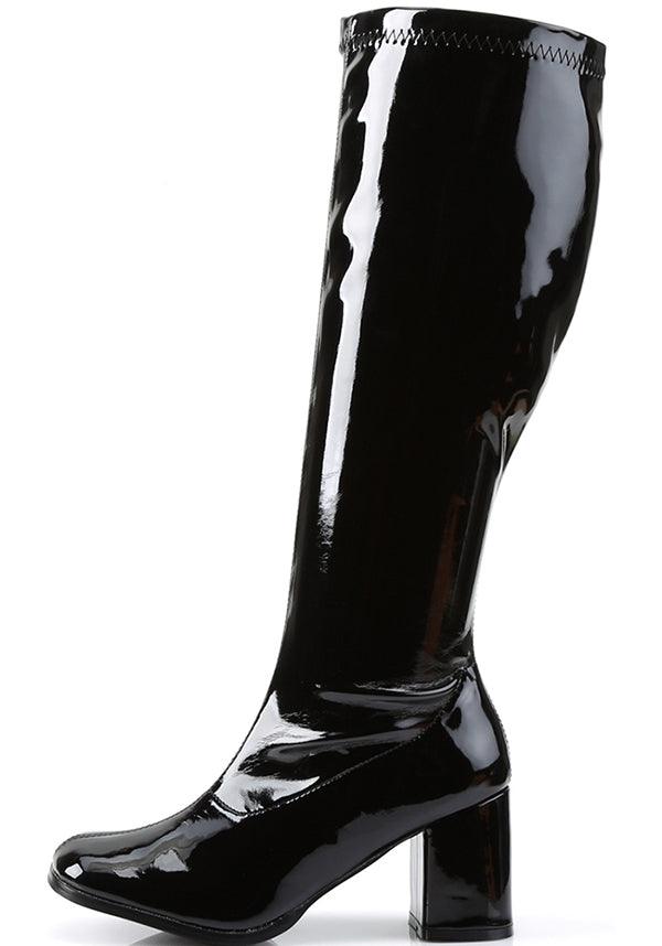 GOGO-300WC [Black Pat] | WIDE CALF BOOTS [PREORDER] - Beserk - all, black, boots, boots [preorder], clickfrenzy15-2023, discountapp, fp, heeled boots, heels, heels [preorder], knee high boots, labelpreorder, labelvegan, long boots, plus size, ppo, preorder, shoes, vegan, wide calf