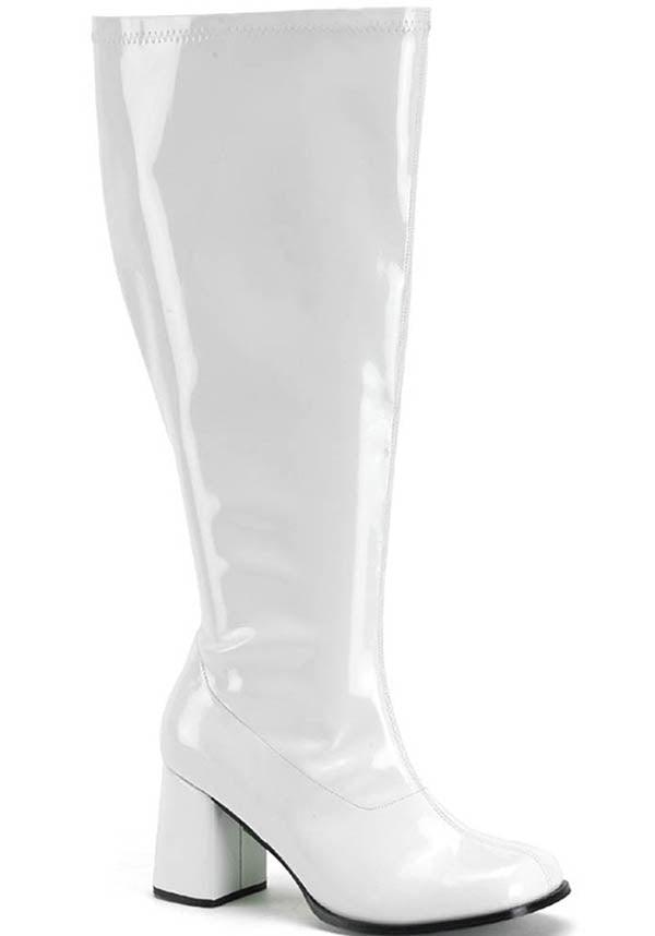 GOGO-300X [White Pat] | WIDE CALF BOOTS [PREORDER] - Beserk - all, boots, boots [preorder], clickfrenzy15-2023, discountapp, fp, heeled boots, heels, heels [preorder], knee high boots, labelpreorder, labelvegan, long boots, plus size, ppo, preorder, shoes, vegan, white, wide calf