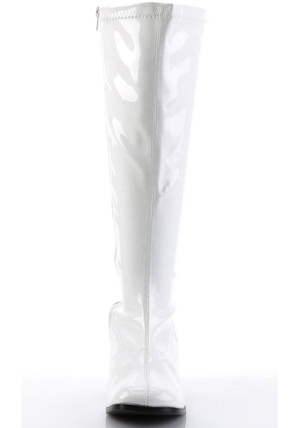 GOGO-300X [White Pat] | WIDE CALF BOOTS [PREORDER] - Beserk - all, boots, boots [preorder], clickfrenzy15-2023, discountapp, fp, heeled boots, heels, heels [preorder], knee high boots, labelpreorder, labelvegan, long boots, plus size, ppo, preorder, shoes, vegan, white, wide calf