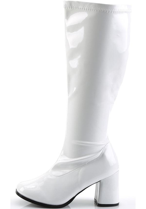 GOGO-300X [White Pat] | WIDE CALF BOOTS [PREORDER] - Beserk - all, boots, boots [preorder], clickfrenzy15-2023, discountapp, fp, heeled boots, heels, heels [preorder], knee high boots, labelpreorder, labelvegan, long boots, plus size, ppo, preorder, shoes, vegan, white, wide calf
