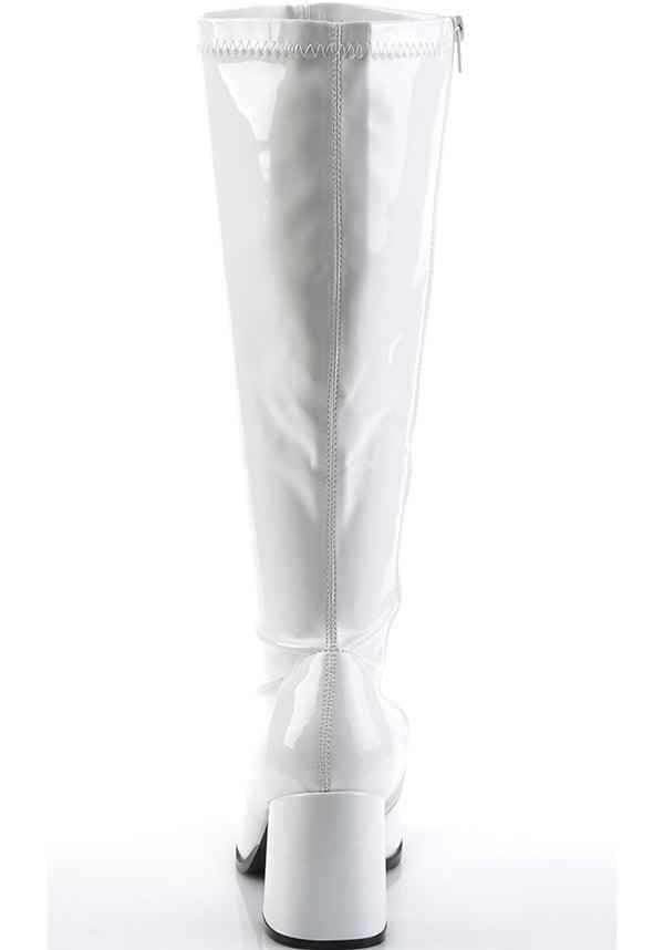 GOGO-300X [White Pat] | WIDE CALF BOOTS [PREORDER] - Beserk - all, boots, boots [preorder], clickfrenzy15-2023, discountapp, fp, heeled boots, heels, heels [preorder], knee high boots, labelpreorder, labelvegan, long boots, plus size, ppo, preorder, shoes, vegan, white, wide calf