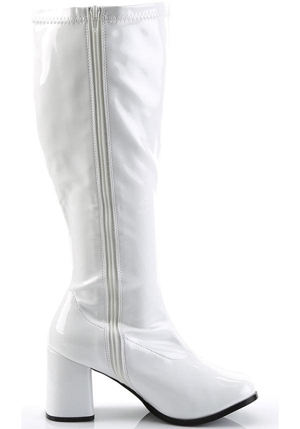 GOGO-300X [White Pat] | WIDE CALF BOOTS [PREORDER] - Beserk - all, boots, boots [preorder], clickfrenzy15-2023, discountapp, fp, heeled boots, heels, heels [preorder], knee high boots, labelpreorder, labelvegan, long boots, plus size, ppo, preorder, shoes, vegan, white, wide calf