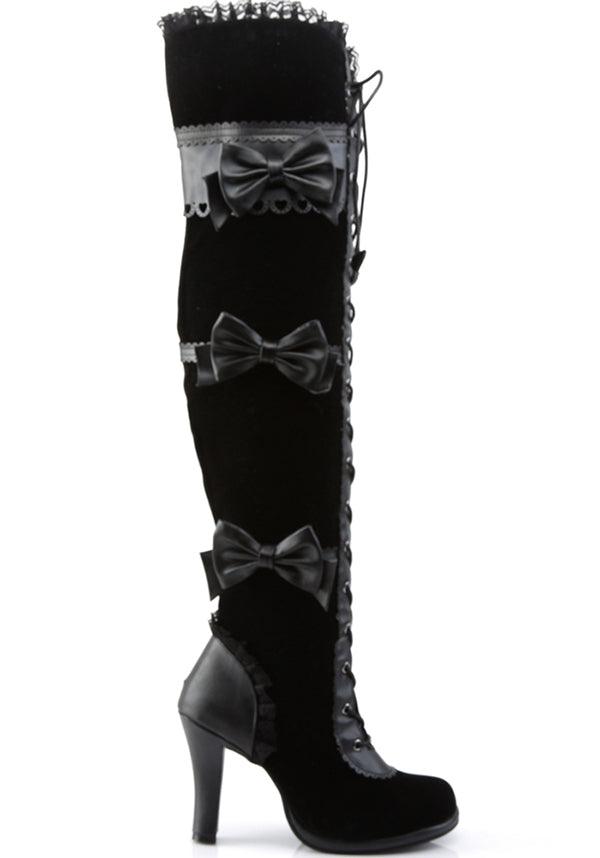 GLAM-300 [Black Velvet] | BOOTS [PREORDER] - Beserk - all, black, boot, boots, boots [preorder], bow, clickfrenzy15-2023, demonia, demonia shoes, discountapp, fp, goth, gothic, kawaii, knee high, labelpreorder, labelvegan, lolita, long boots, pleaserimageupdated, ppo, preorder, pricematched, shoes, thigh high, vegan