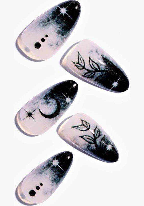 Leaves Under [Moonnight] | PRESS ON NAILS - Beserk - accessories, all, almond shape, black, clickfrenzy15-2023, cosmetics, crescent moon, discountapp, fake nails, false nails, fp, GL15082022, glossy, googleshopping, goth, gothic, gothic accessories, gothic cosmetics, halloween nail, halloween nails, ladies accessories, leaf, moon, moon phase, nail, nail art, nail artist, nails, pink, press on, R180922, sep22, Sept, star, stars, witchy