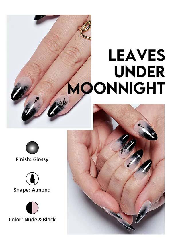 Leaves Under [Moonnight] | PRESS ON NAILS - Beserk - accessories, all, almond shape, black, clickfrenzy15-2023, cosmetics, crescent moon, discountapp, fake nails, false nails, fp, GL15082022, glossy, googleshopping, goth, gothic, gothic accessories, gothic cosmetics, halloween nail, halloween nails, ladies accessories, leaf, moon, moon phase, nail, nail art, nail artist, nails, pink, press on, R180922, sep22, Sept, star, stars, witchy