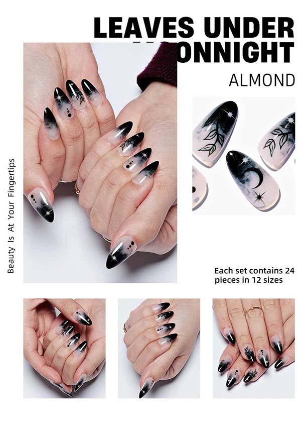 Leaves Under [Moonnight] | PRESS ON NAILS - Beserk - accessories, all, almond shape, black, clickfrenzy15-2023, cosmetics, crescent moon, discountapp, fake nails, false nails, fp, GL15082022, glossy, googleshopping, goth, gothic, gothic accessories, gothic cosmetics, halloween nail, halloween nails, ladies accessories, leaf, moon, moon phase, nail, nail art, nail artist, nails, pink, press on, R180922, sep22, Sept, star, stars, witchy