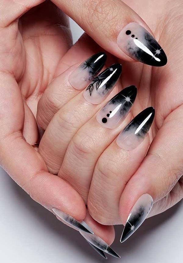 Leaves Under [Moonnight] | PRESS ON NAILS - Beserk - accessories, all, almond shape, black, clickfrenzy15-2023, cosmetics, crescent moon, discountapp, fake nails, false nails, fp, GL15082022, glossy, googleshopping, goth, gothic, gothic accessories, gothic cosmetics, halloween nail, halloween nails, ladies accessories, leaf, moon, moon phase, nail, nail art, nail artist, nails, pink, press on, R180922, sep22, Sept, star, stars, witchy